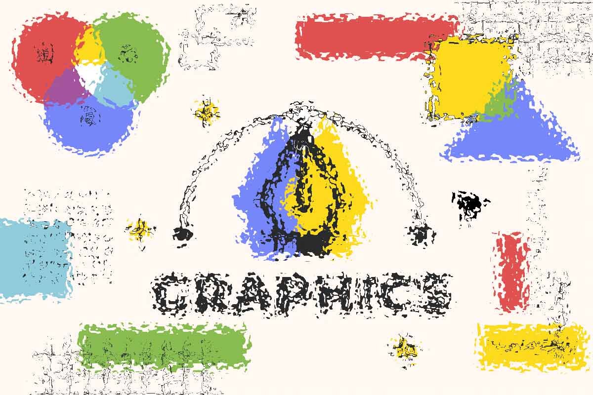 Grafica astratta con forme e colori vivaci per design web.