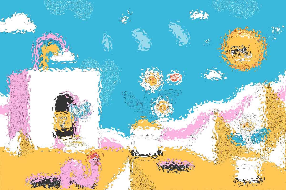 Illustrazione astratta di un paesaggio colorato con sole e fiori.