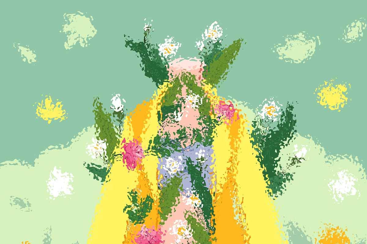 Illustrazione astratta di un personaggio con fiori su uno sfondo verde.