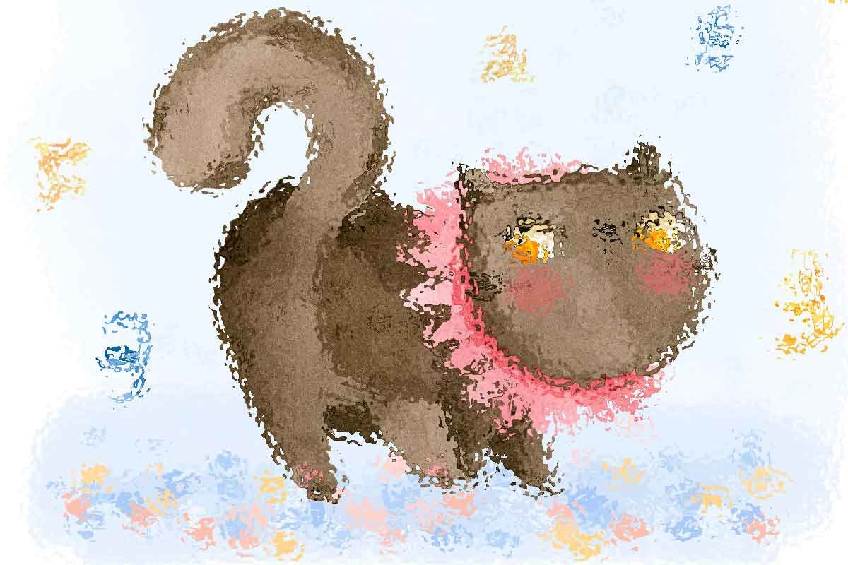 Gatto stilizzato con dettagli colorati su sfondo chiaro.