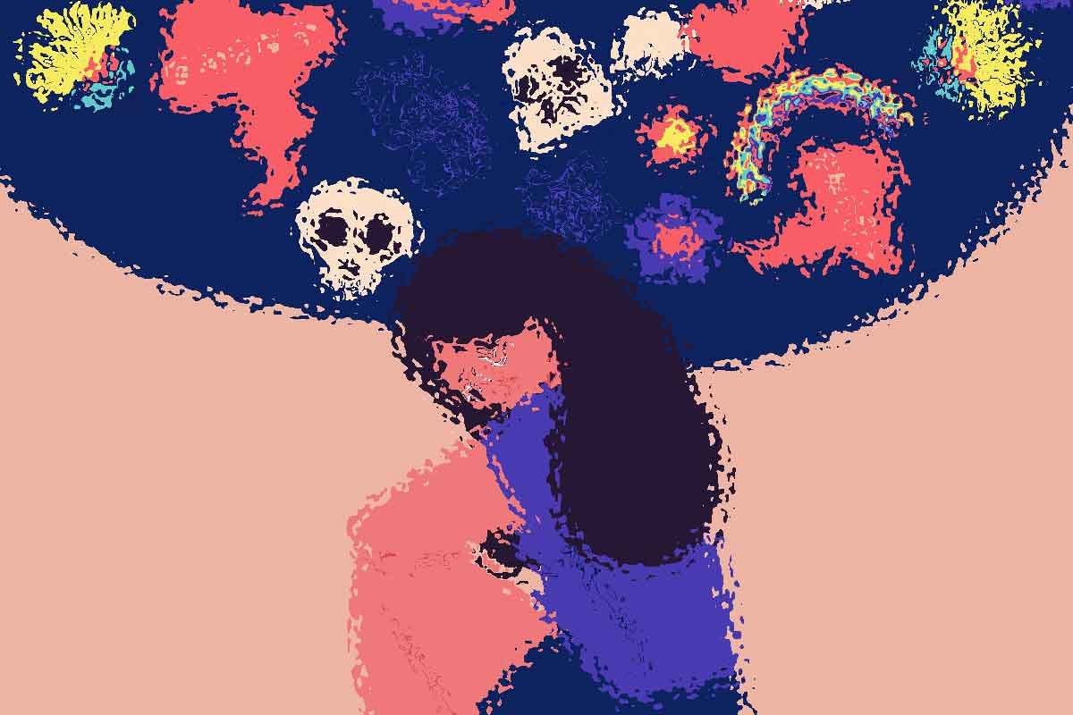 Illustrazione creativa di un personaggio con idee sopra la testa