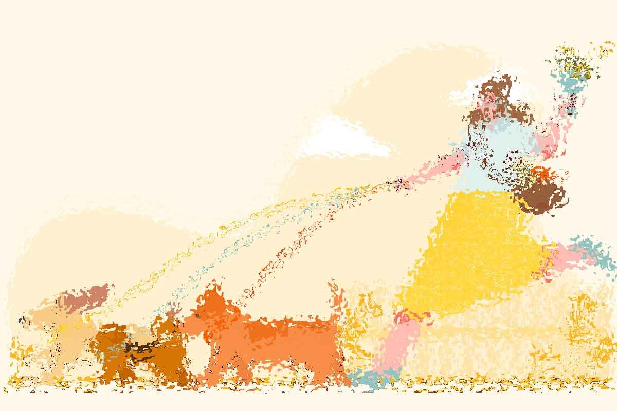 Illustrazione di una donna che porta a passeggio dei cani nel parco