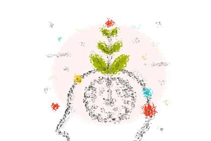 Illustrazione di design con elementi grafici floreali e stilizzati.