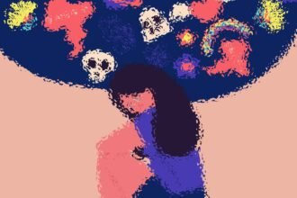 Illustrazione creativa di un personaggio con idee sopra la testa