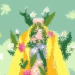 Illustrazione astratta di un personaggio con fiori su uno sfondo verde.