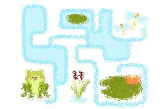 Illustrazione di un disegno di un ambiente acquatico con una rana.