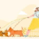 Illustrazione di una donna che porta a passeggio dei cani nel parco