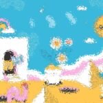 Illustrazione astratta di un paesaggio colorato con sole e fiori.