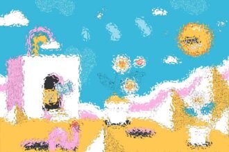 Illustrazione astratta di un paesaggio colorato con sole e fiori.