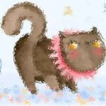 Gatto stilizzato con dettagli colorati su sfondo chiaro.