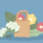 Borsa di paglia con fiori colorati su sfondo blu