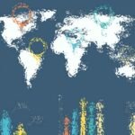 Mappa stilizzata del mondo con elementi grafici colorati.