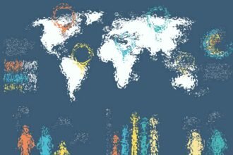 Mappa stilizzata del mondo con elementi grafici colorati.