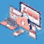 Illustrazione di dispositivi digitali con design moderno sullo sfondo blu.