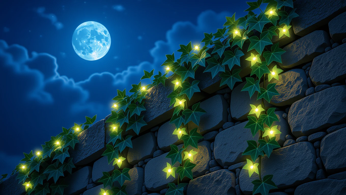 Una parete di pietra adornata da edera luminosa sotto la luna piena.