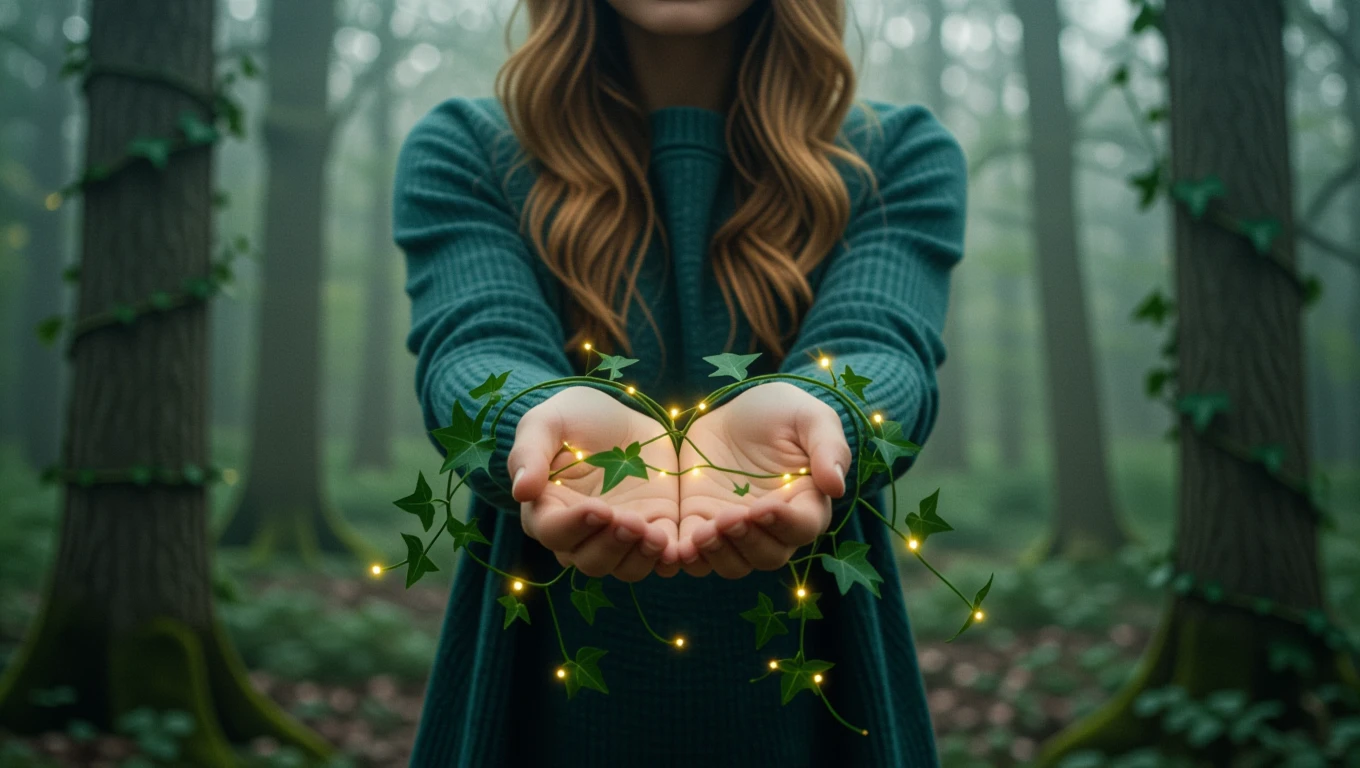 Una giovane donna tiene tra le mani rami di edera illuminati, simbolo di sogni e crescita.