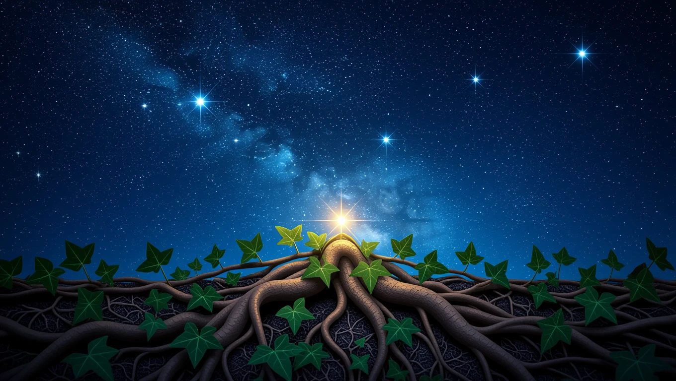Un'edera con radici forti e rami che si estendono verso un cielo stellato.