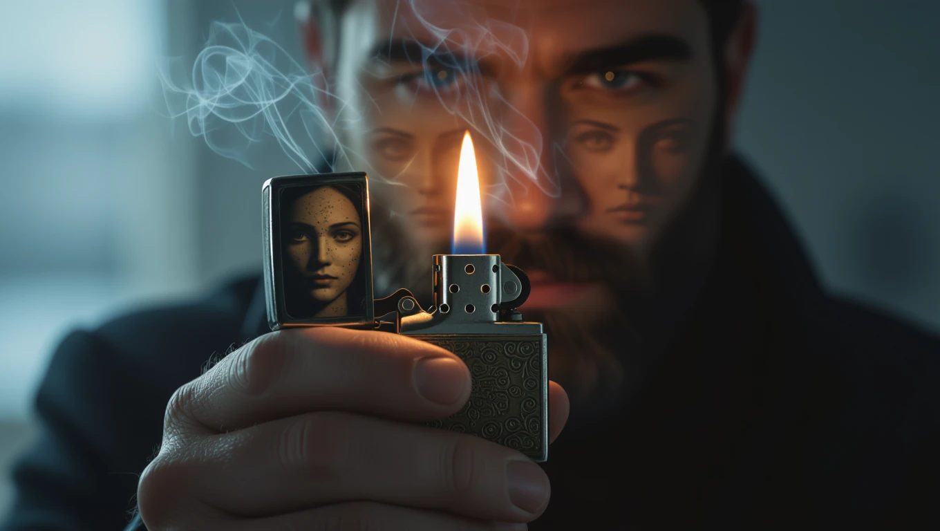 Un uomo tiene un accendino acceso, con fumi che si alzano e un volto riflesso.
