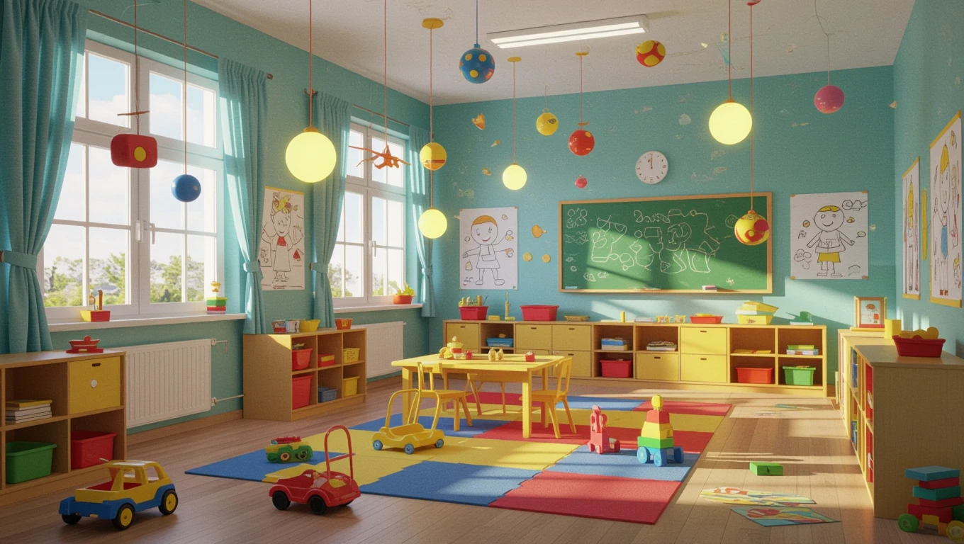 Un'aula d'asilo colorata con giocattoli e arredi per bambini.
