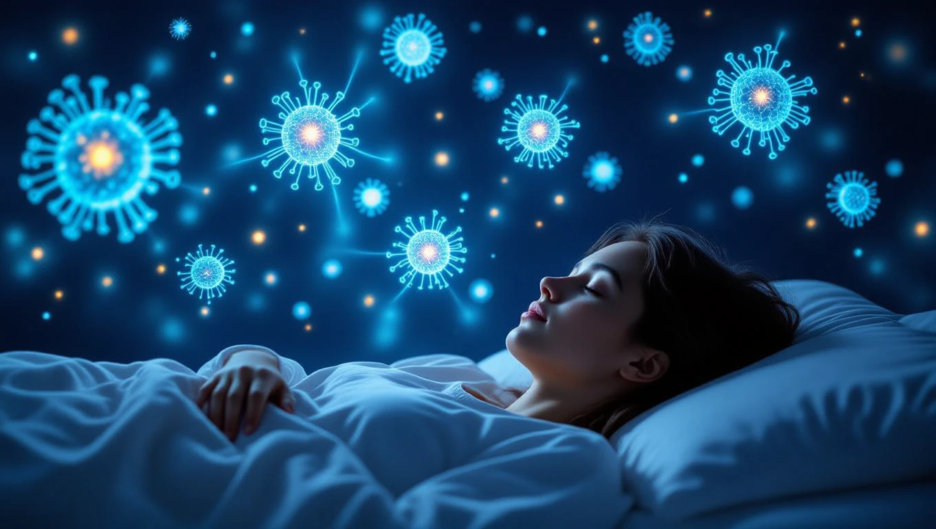 Una donna dorme serenamente mentre batteri luminosi fluttuano intorno a lei.