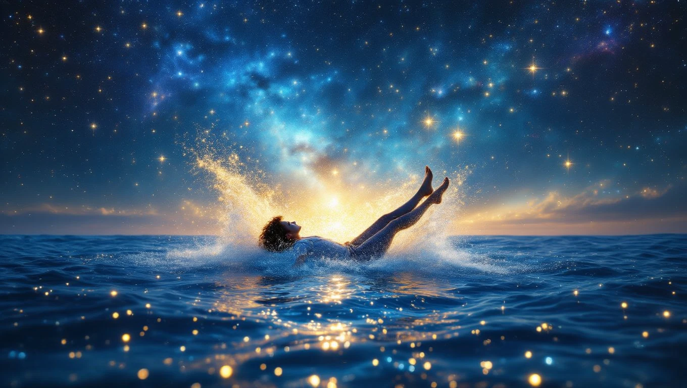 Una persona che cade in acqua, circondata da un cielo stellato e luminoso.