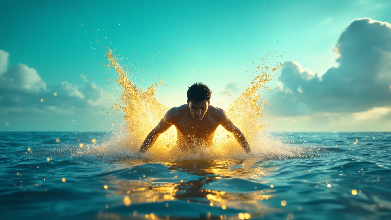 Un uomo che emerge dall'acqua, circondato da spruzzi luminosi e riflessi.
