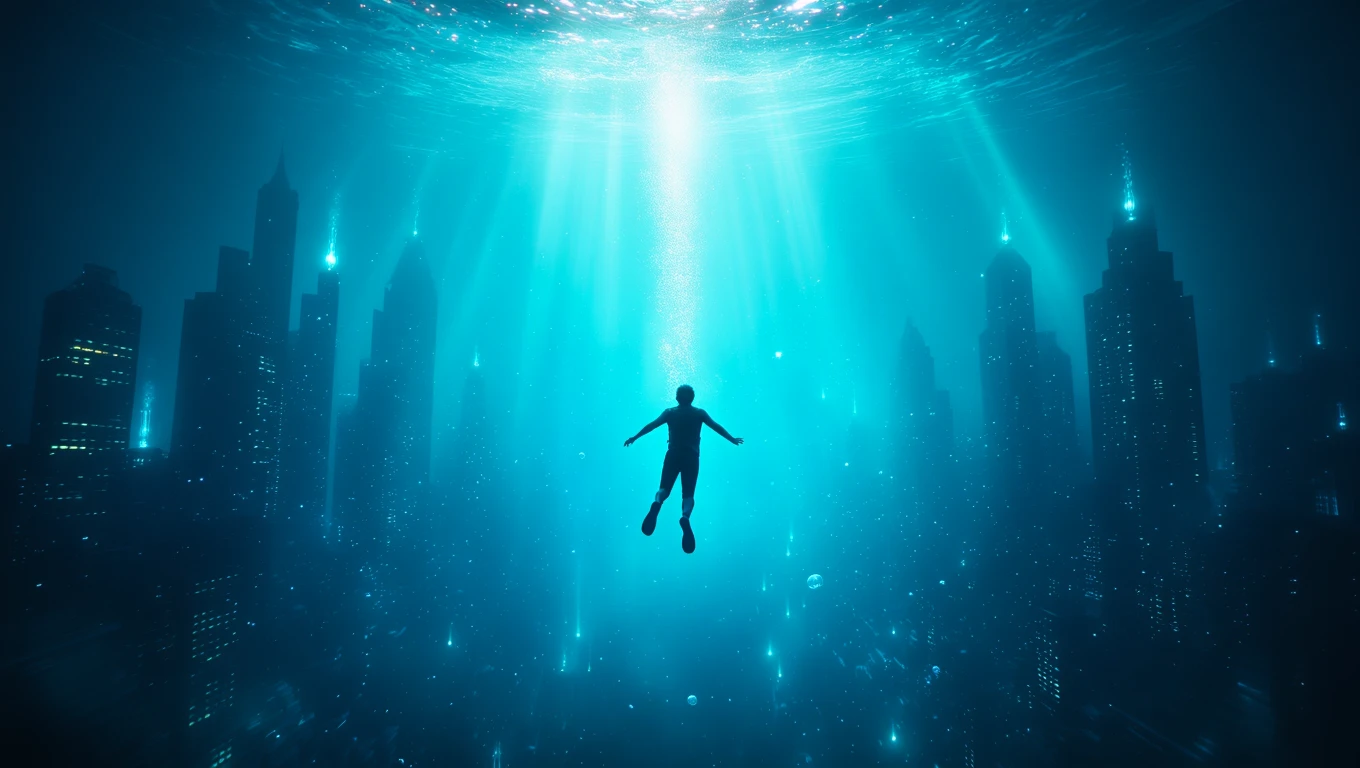 Una figura umana fluttua nell'acqua blu, circondata da grattacieli sommersi.