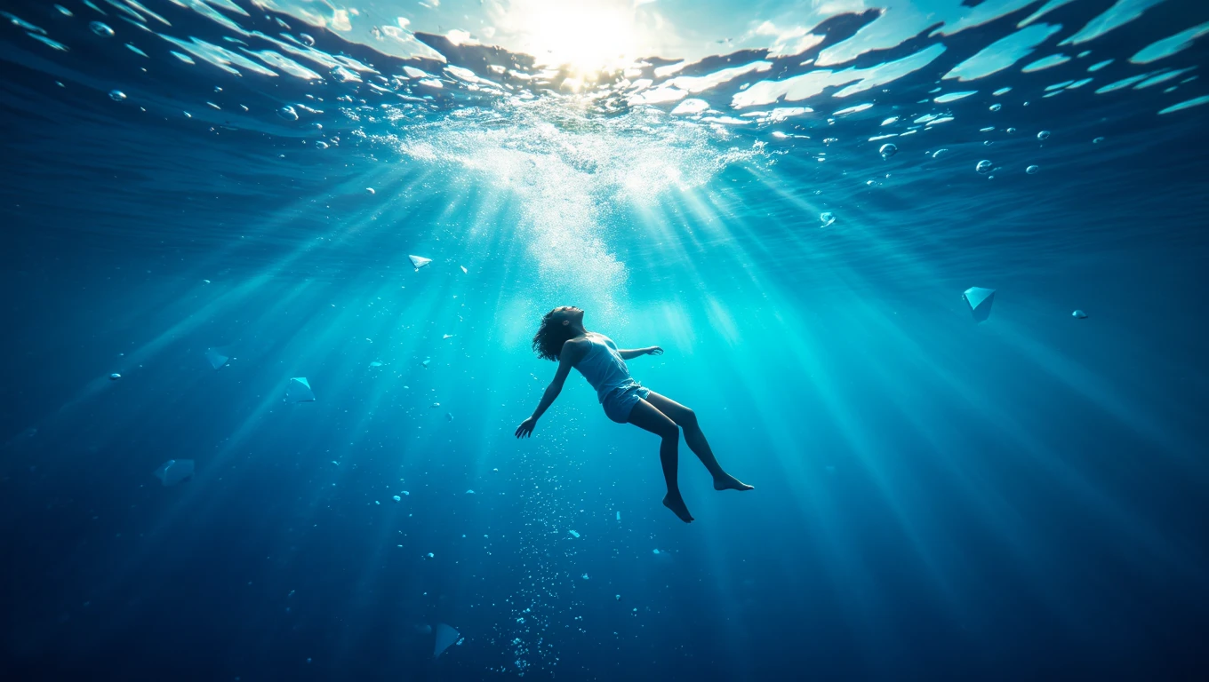 Una persona che fluttua sott'acqua, circondata da raggi di luce e bolle.