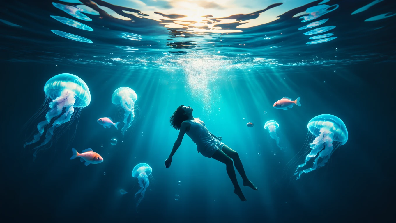 Una persona galleggia sott'acqua circondata da meduse e pesci colorati.