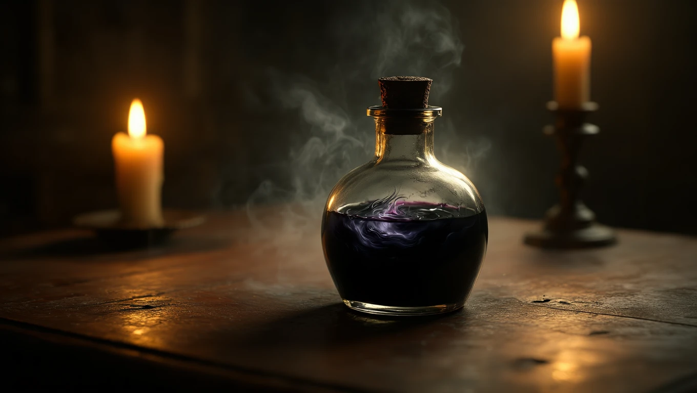 Un calamaio di vetro con inchiostro viola, illuminato da candele.