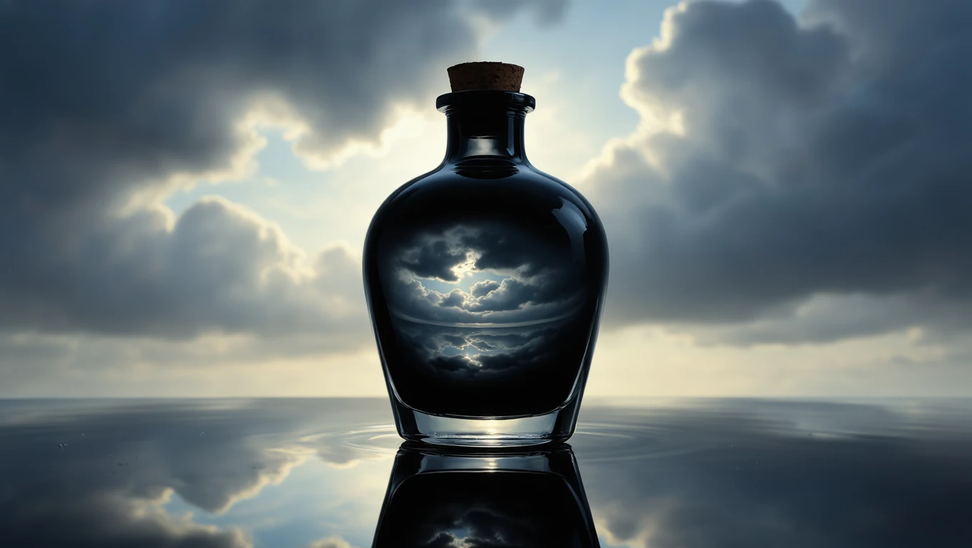 Un calamaio riflette nuvole scure e un cielo sereno, simbolo di creatività.