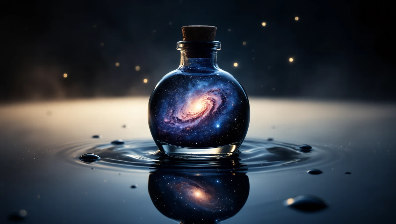 Un calamaio trasparente con una galassia all'interno, riflesso sull'acqua.