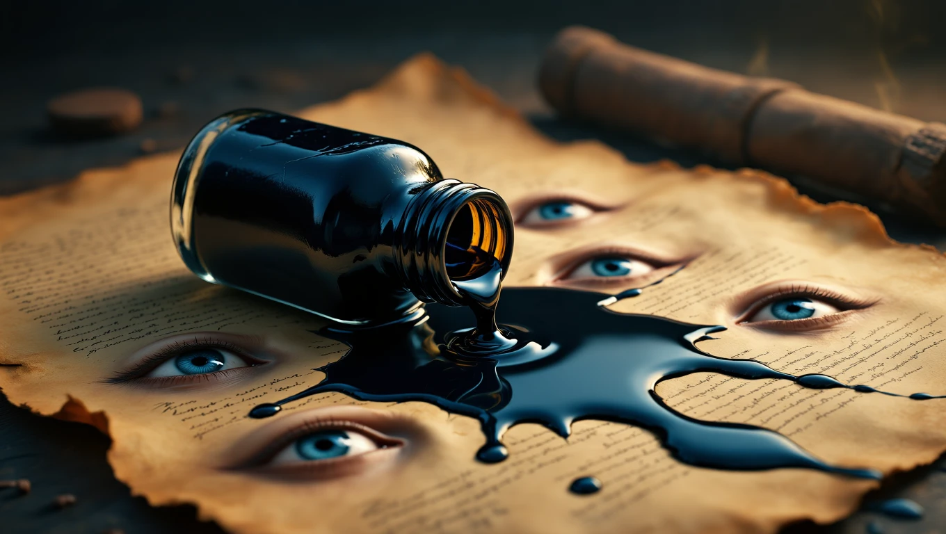 Un calamaio rovesciato su una pergamena con occhi che osservano, simbolo di creatività e memoria.