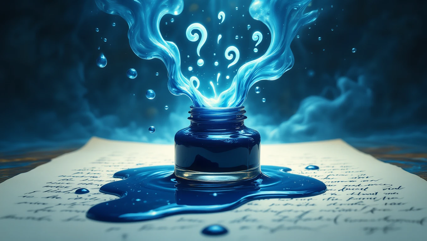 Un calamaio blu con inchiostro che si diffonde su una pagina scritta.