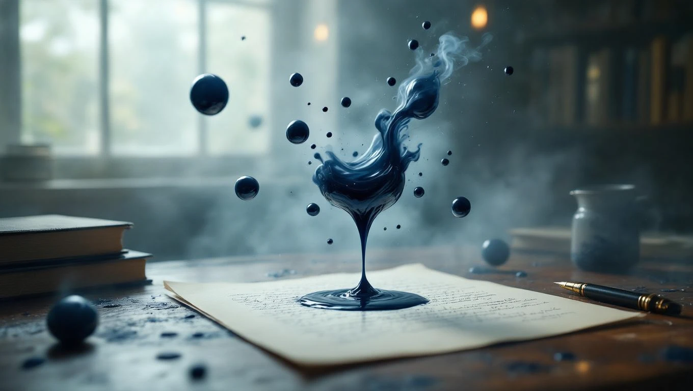 Un calamaio blu con inchiostro che si sprigiona su un foglio di carta.