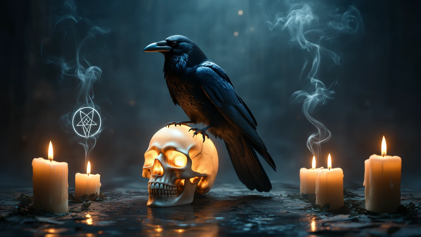 Un corvo nero posato su un teschio illuminato, circondato da candele accese.