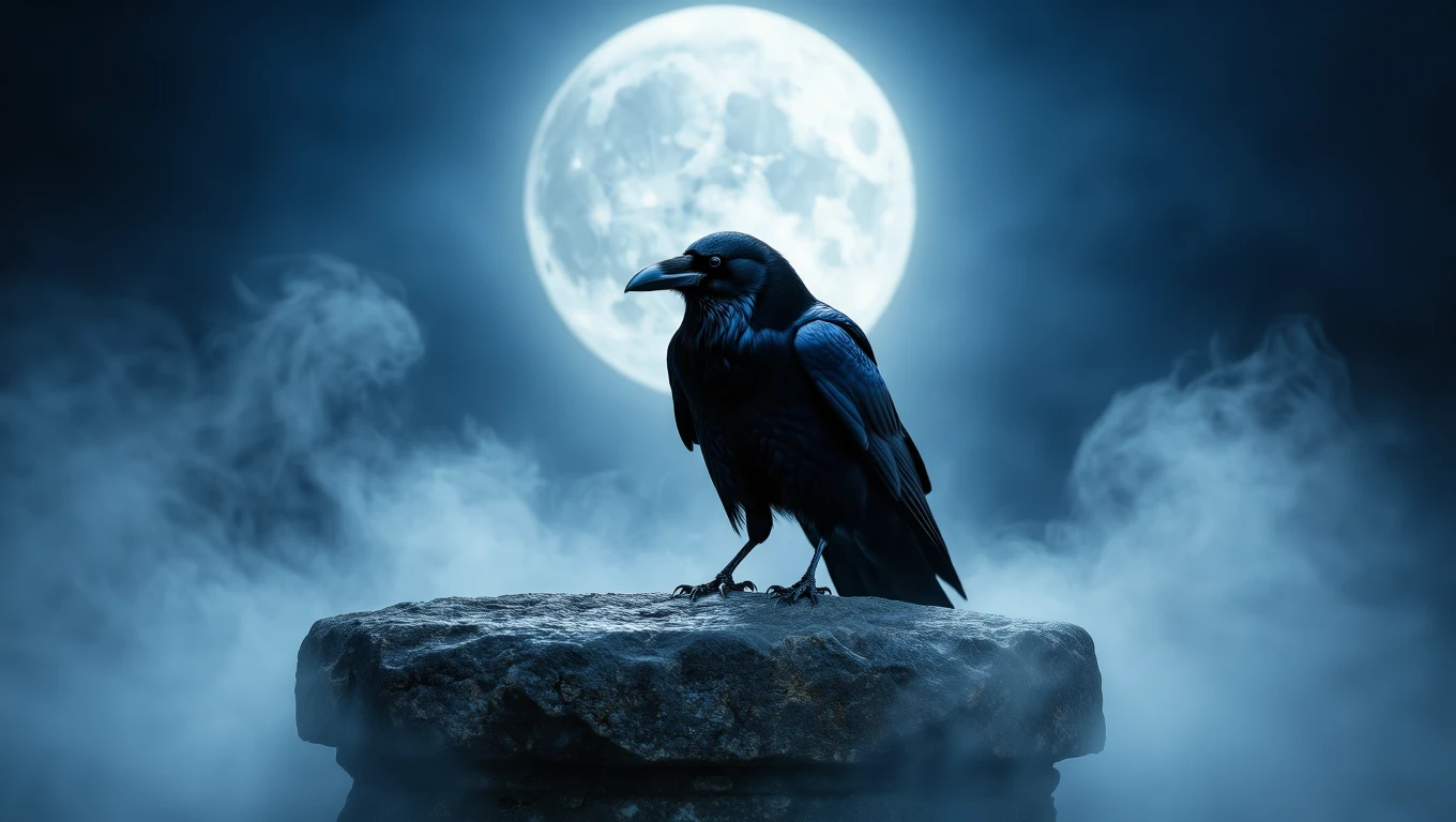 Un corvo nero posato su una pietra, illuminato dalla luna piena in un'atmosfera misteriosa.