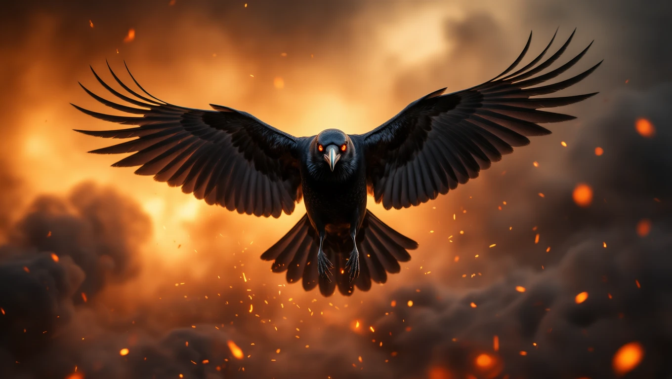 Un corvo nero in volo, con occhi rossi, su uno sfondo infuocato.
