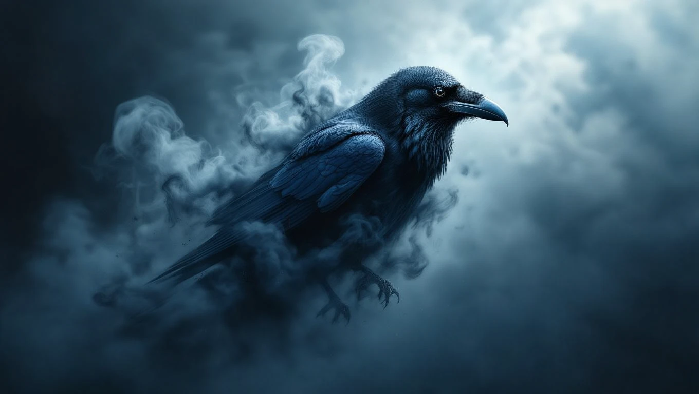 Un corvo nero avvolto da un'atmosfera misteriosa e nebbiosa.