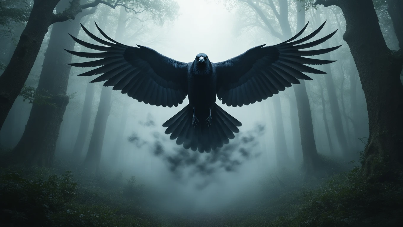 Un corvo nero in volo sopra una foresta nebbiosa, simbolo di mistero e trasformazione.