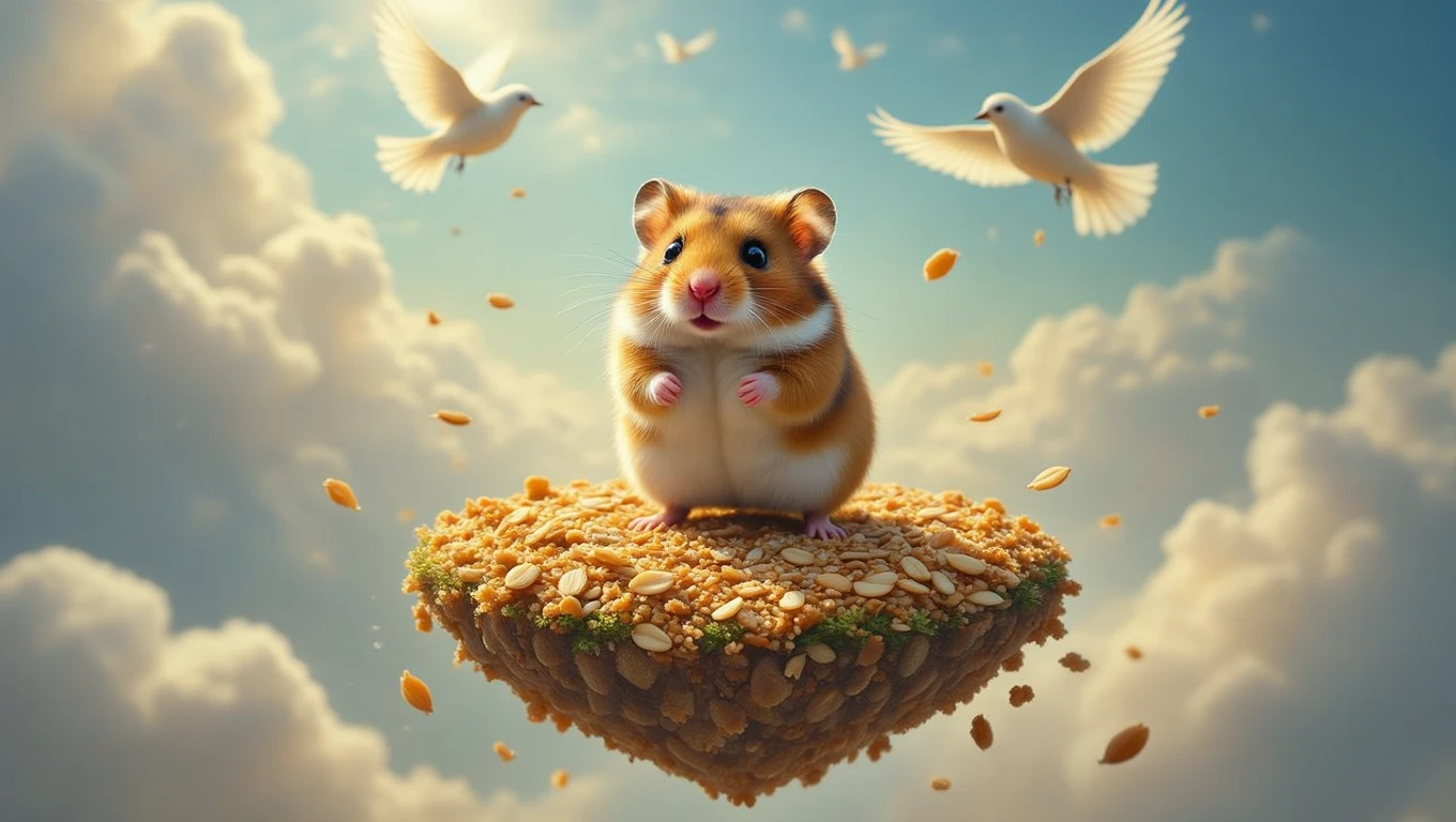 Un criceto su una nuvola di semi, circondato da uccelli bianchi in volo.