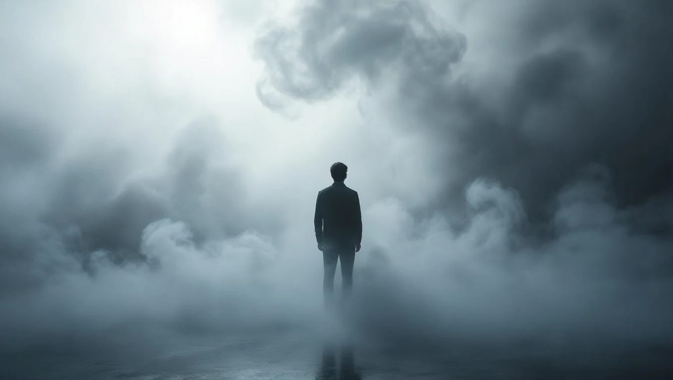 Un uomo in piedi avvolto da una fitta nebbia grigia, simbolo di confusione.