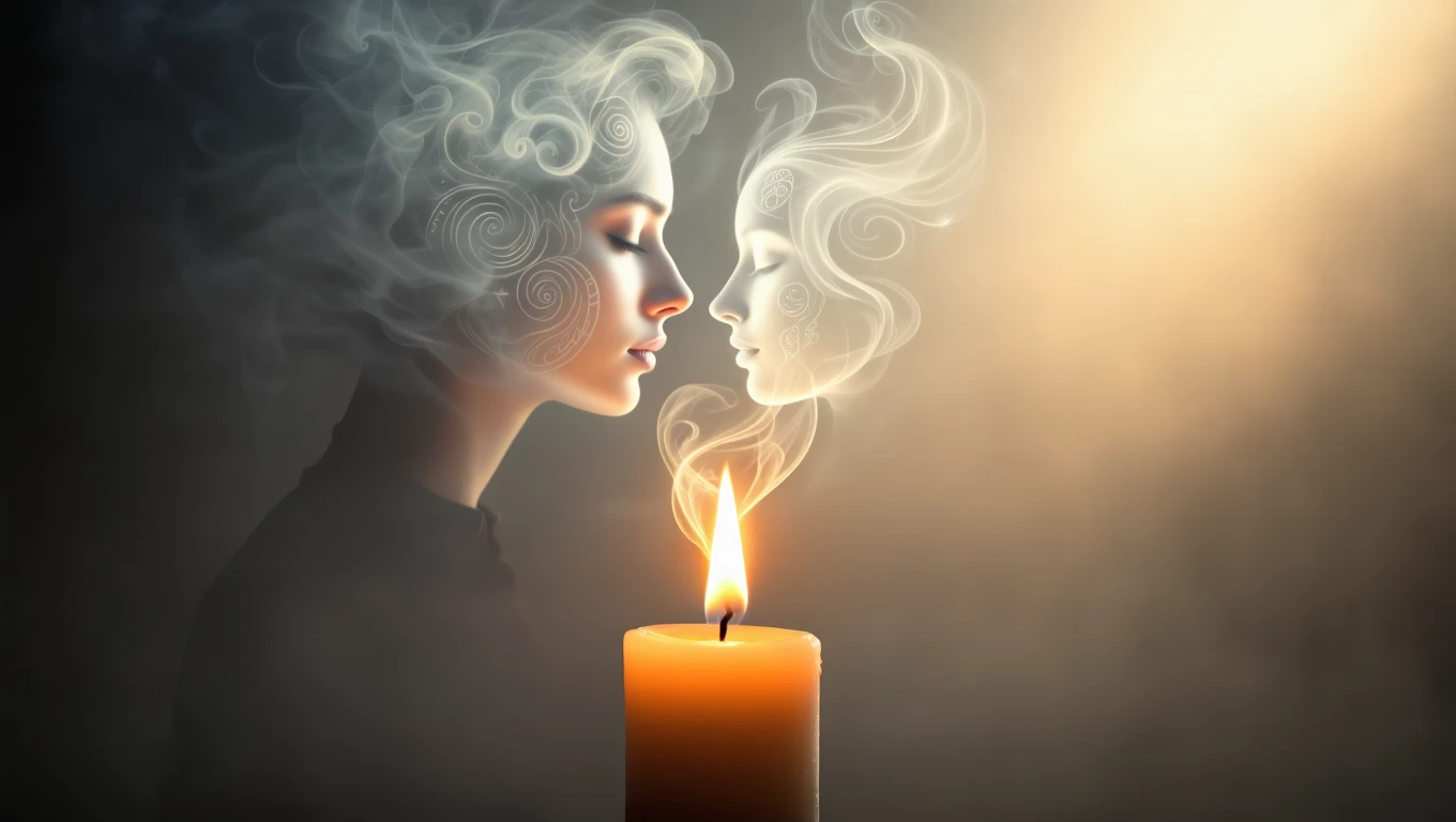 Due volti femminili emergono tra il fumo di una candela accesa.