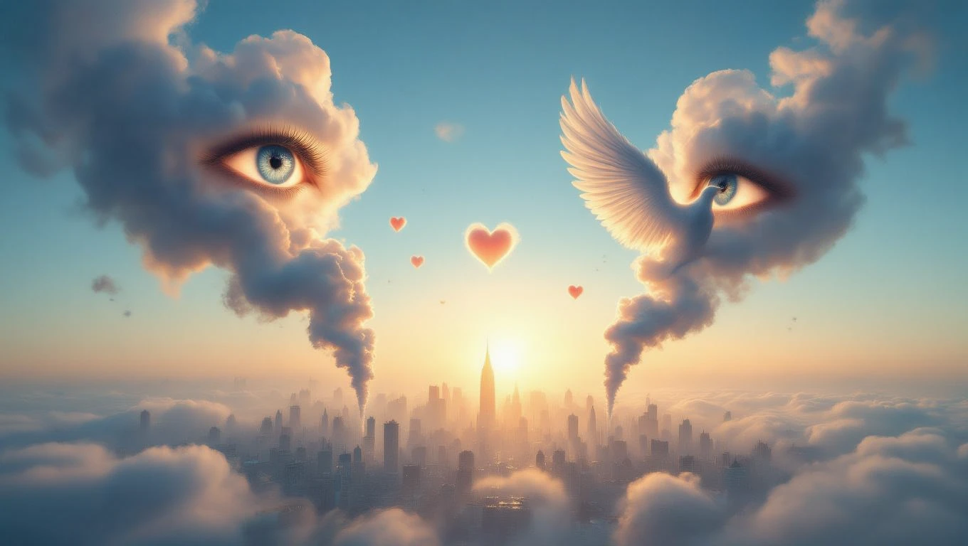 Un paesaggio onirico con occhi e nuvole di fumo sopra una città.