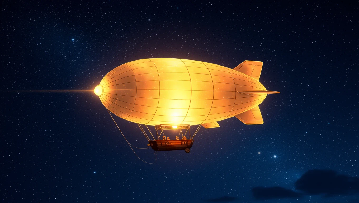 Un dirigibile luminoso che fluttua nel cielo stellato, simbolo di libertà e sogni.