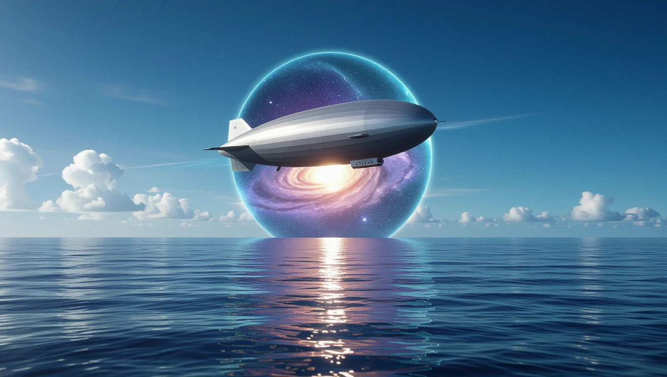 Un dirigibile sorvola un mare calmo, con un portale galattico sullo sfondo.