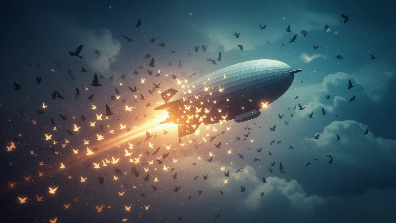 Un dirigibile che vola tra nuvole e uccelli, simboleggiando libertà e sogni.