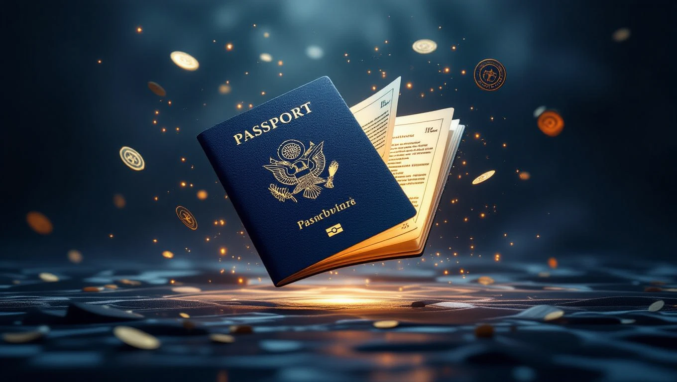 Un passaporto fluttua tra monete dorate, simbolo di identità e legittimazione.