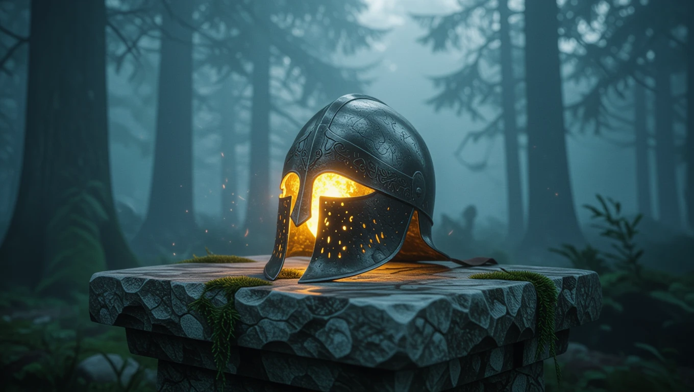 Un elmetto antico illuminato su un piedistallo in una foresta nebbiosa.