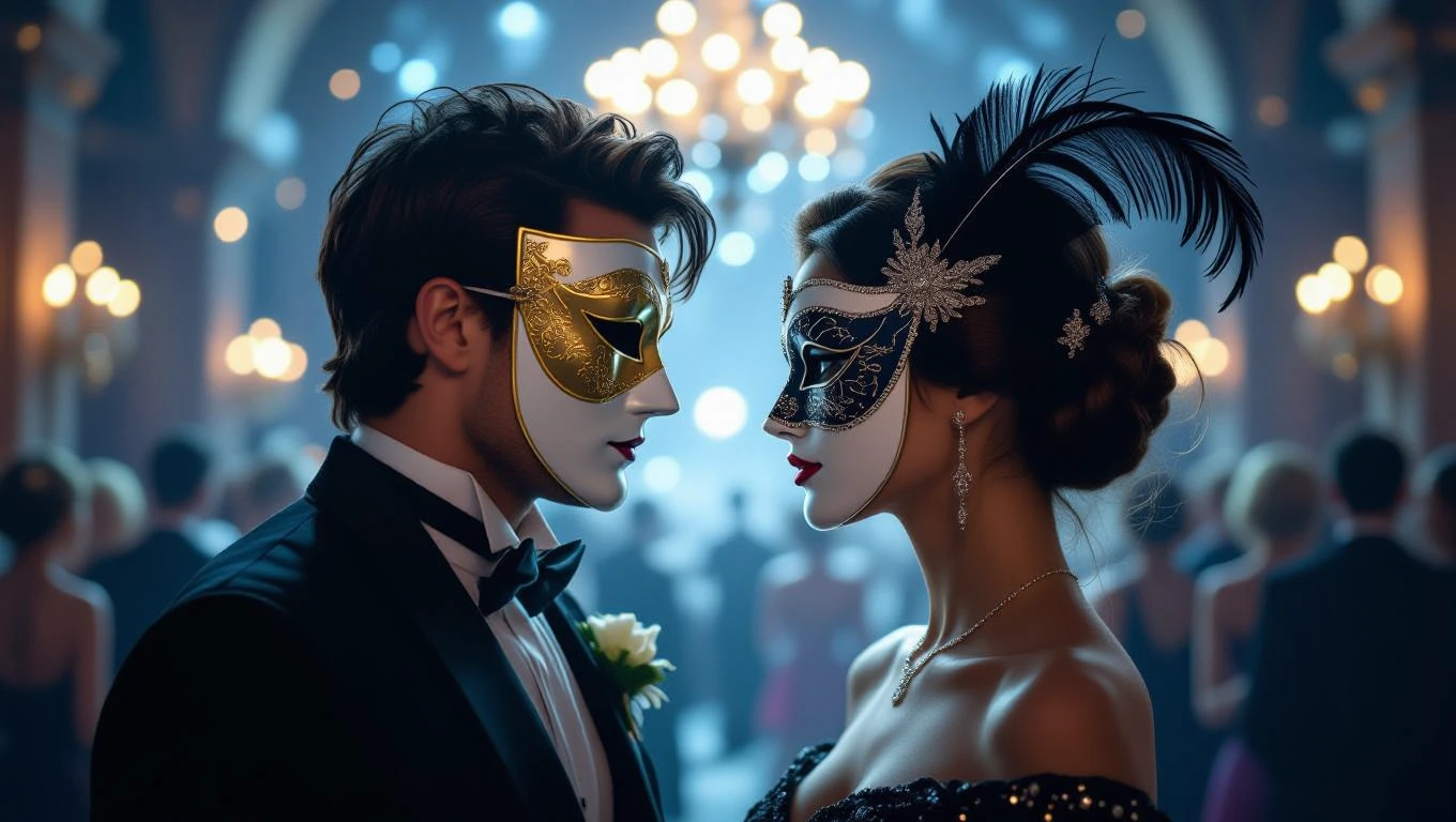 Due persone con maschere eleganti si guardano intensamente in un ballo.